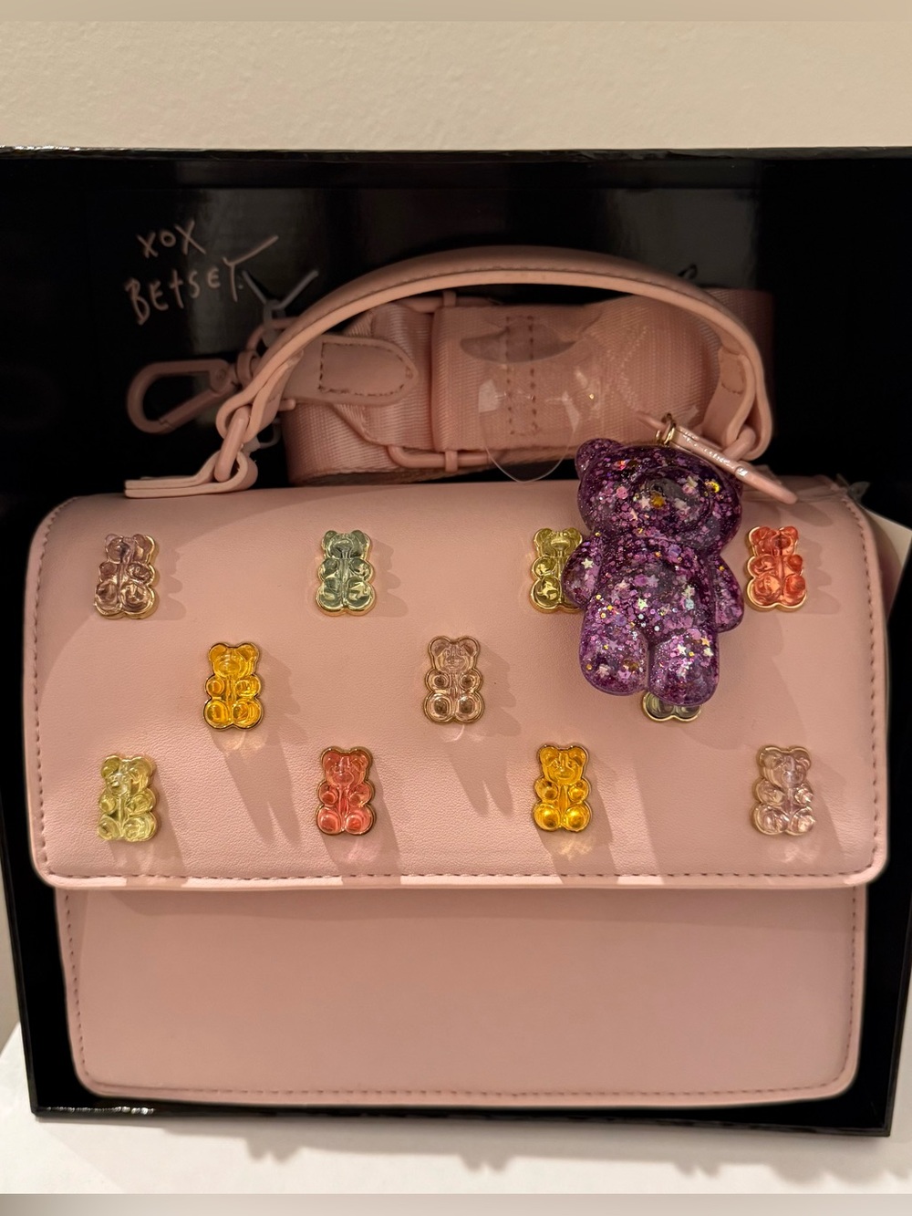 Betsey Johnson Pink Gummy Bear Crossbody Bag with Glitter Bear Charm & Gift Box